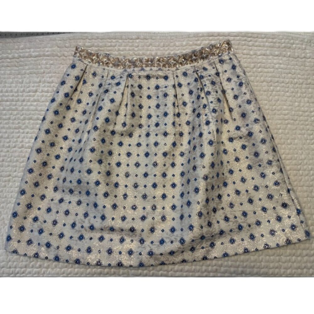 Francesca's Miami Brocade Beaded A-line Skirt blue white gold metallic Size M